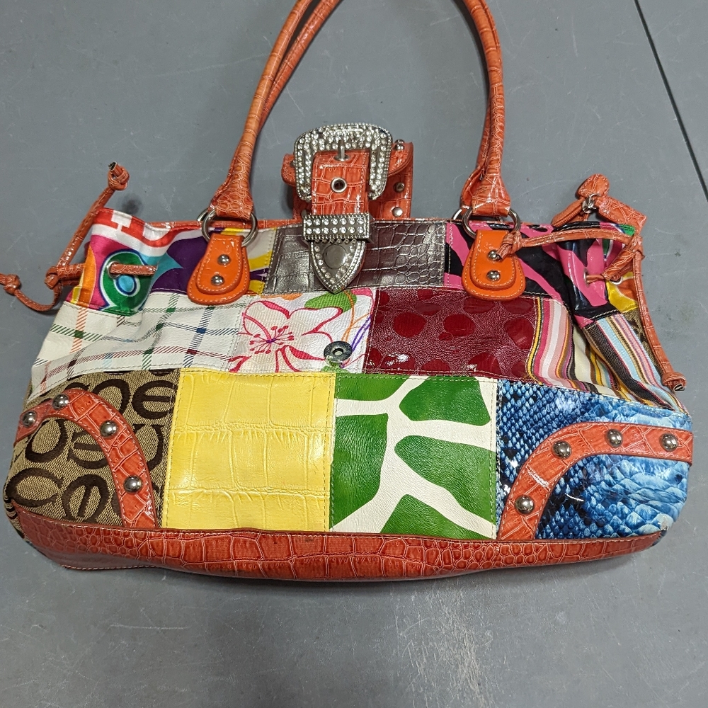 G Style Patched Western Buckle Rhinestone Handbag